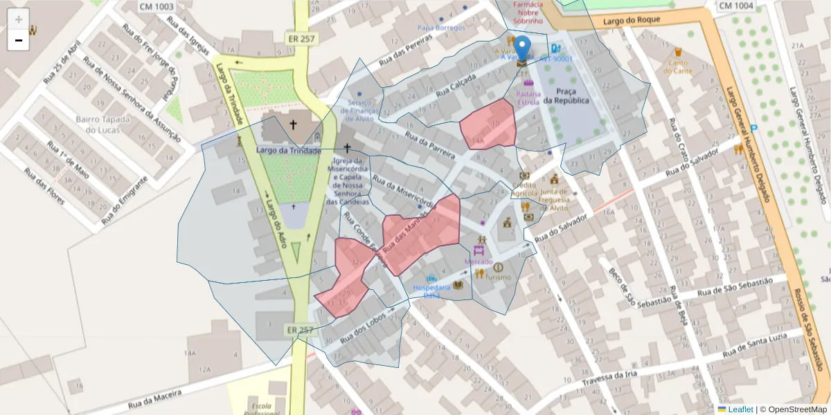 Mapa detalhado do código postal 7920-043 com limites, códigos postais vizinhos e agências dos correios
