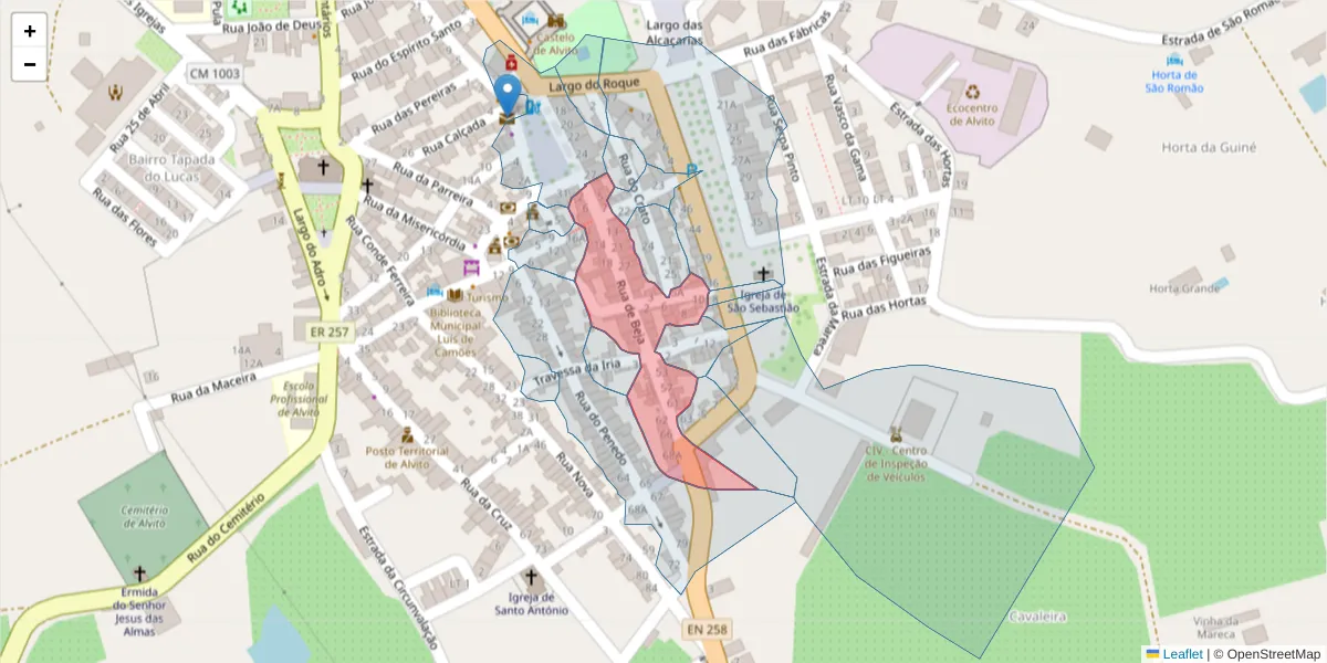 Mapa detalhado do código postal 7920-046 com limites, códigos postais vizinhos e agências dos correios