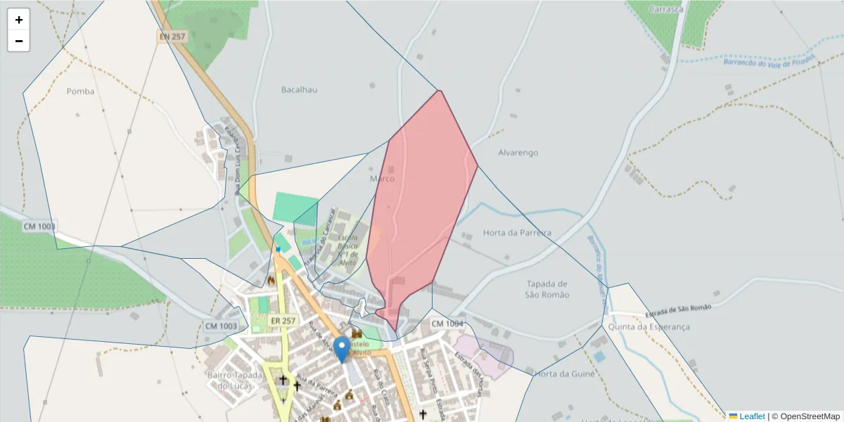Mapa detalhado do código postal 7920-049 com limites, códigos postais vizinhos e agências dos correios