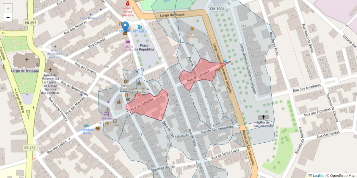 Mapa detalhado do código postal 7920-051 com limites, códigos postais vizinhos e agências dos correios