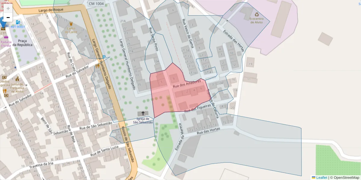Mapa detalhado do código postal 7920-052 com limites, códigos postais vizinhos e agências dos correios