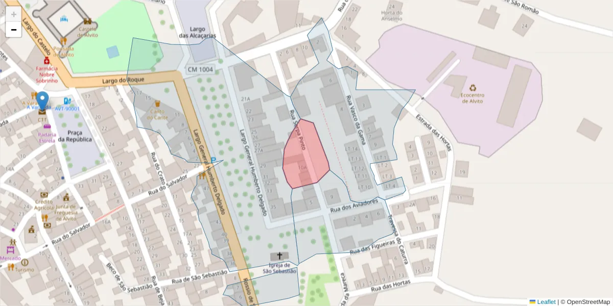 Mapa detalhado do código postal 7920-057 com limites, códigos postais vizinhos e agências dos correios
