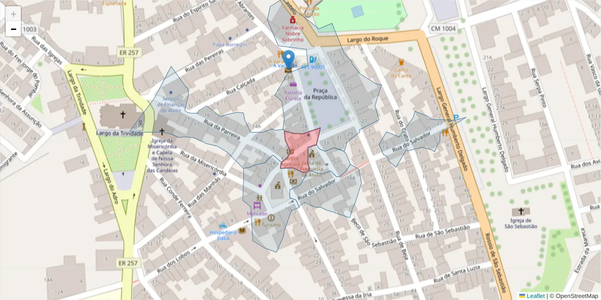 Mapa detalhado do código postal 7920-065 com limites, códigos postais vizinhos e agências dos correios