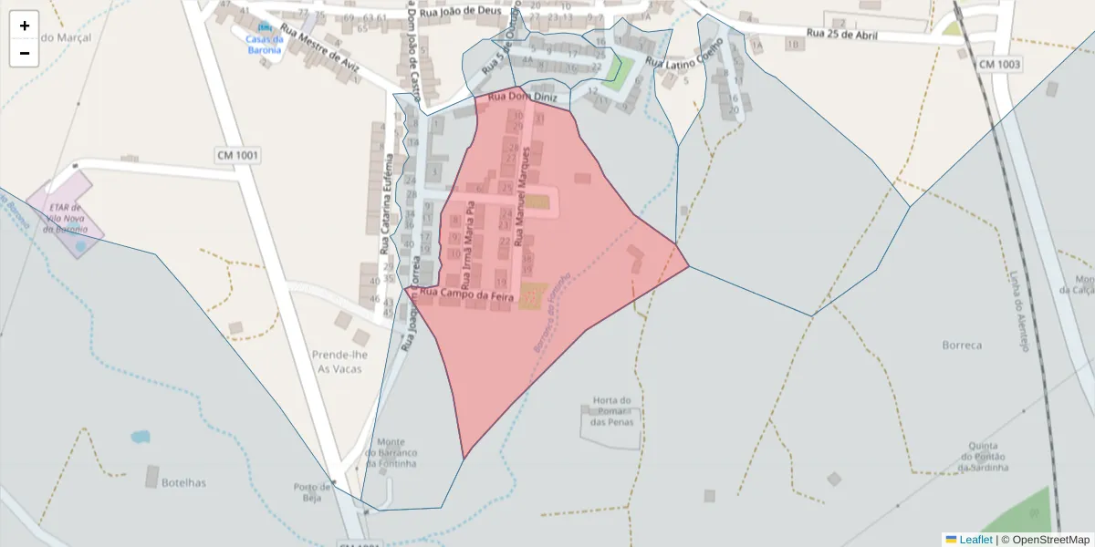 Mapa detalhado do código postal 7920-360 com limites, códigos postais vizinhos e agências dos correios