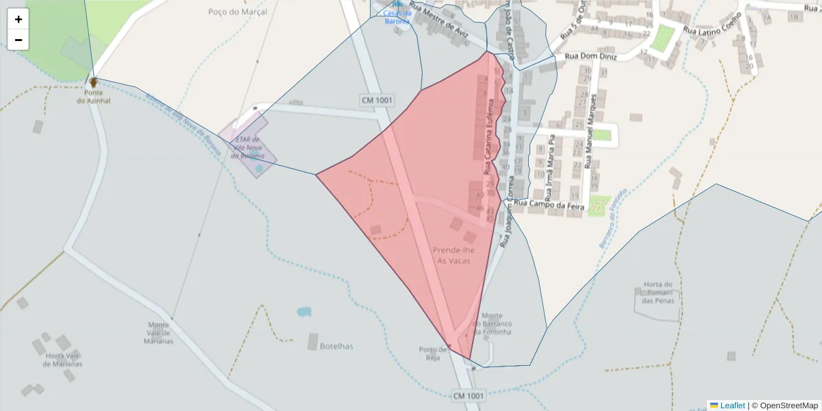 Mapa detalhado do código postal 7920-367 com limites, códigos postais vizinhos e agências dos correios