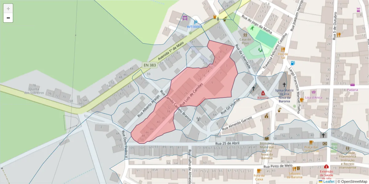 Mapa detalhado do código postal 7920-385 com limites, códigos postais vizinhos e agências dos correios