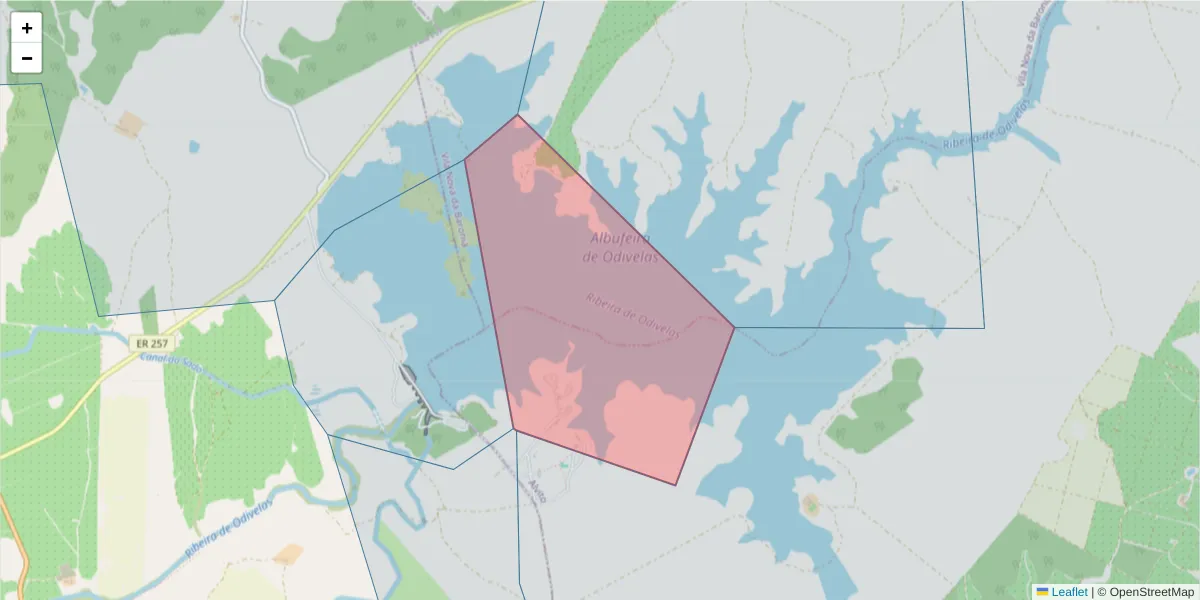 Mapa detalhado do código postal 7920-999 com limites, códigos postais vizinhos e agências dos correios