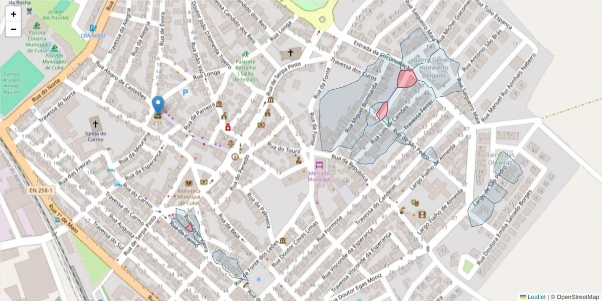 Mapa detalhado do código postal 7940-026 com limites, códigos postais vizinhos e agências dos correios