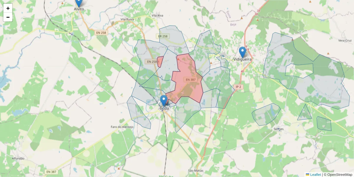 Mapa detalhado do código postal 7940-111 com limites, códigos postais vizinhos e agências dos correios