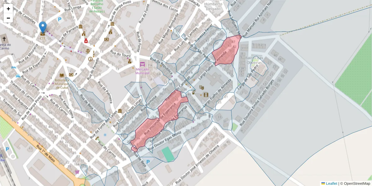 Mapa detalhado do código postal 7940-173 com limites, códigos postais vizinhos e agências dos correios
