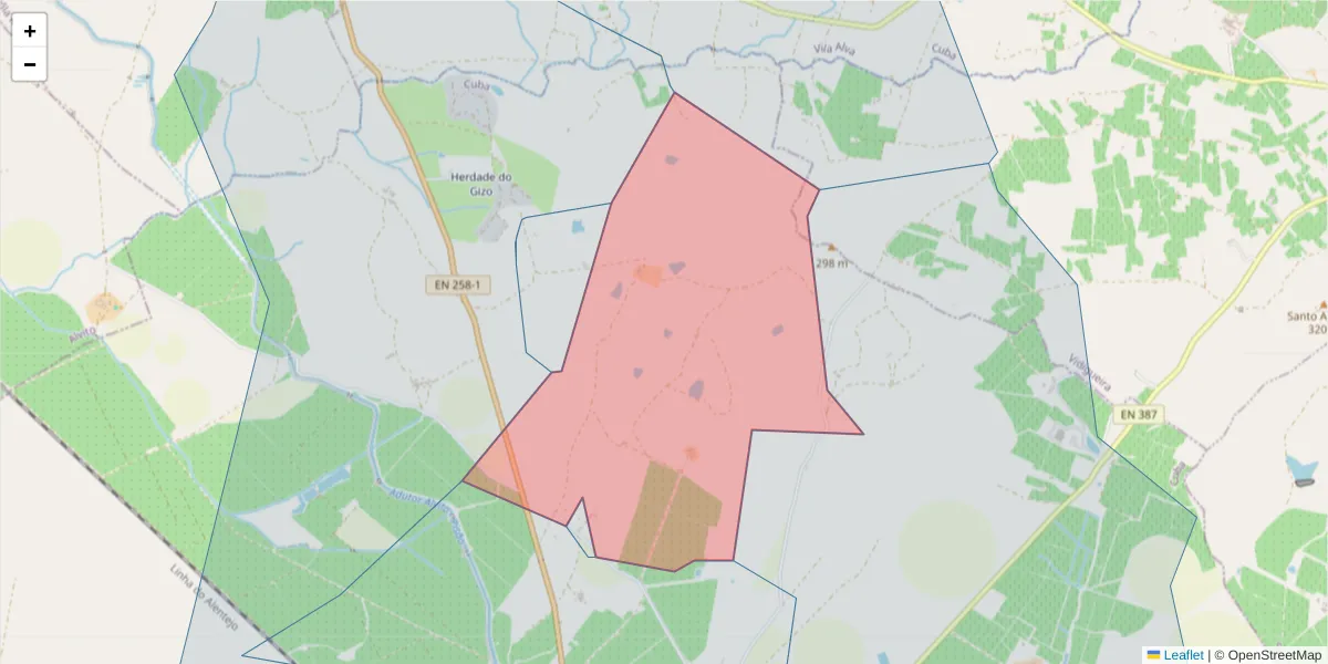 Mapa detalhado do código postal 7940-250 com limites, códigos postais vizinhos e agências dos correios