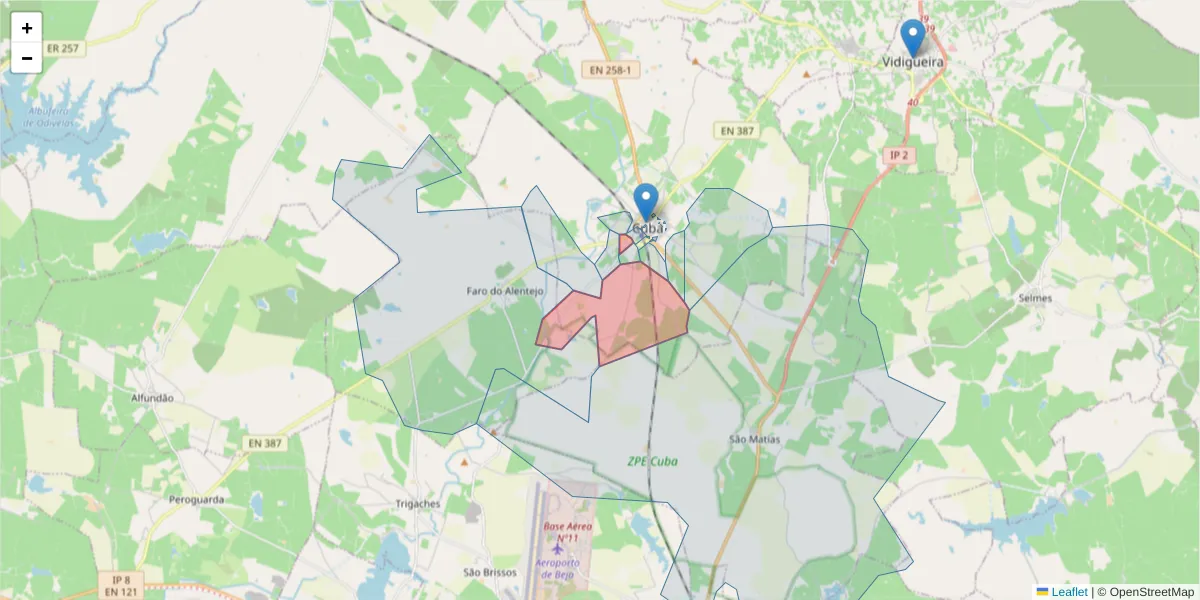 Mapa detalhado do código postal 7940-259 com limites, códigos postais vizinhos e agências dos correios