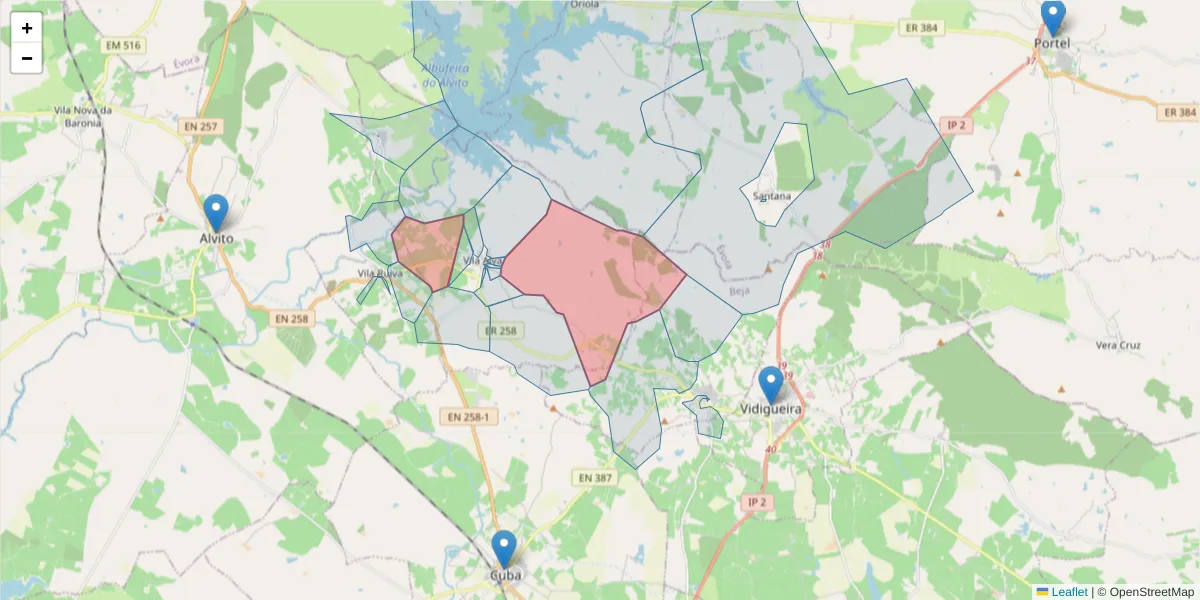 Mapa detalhado do código postal 7940-351 com limites, códigos postais vizinhos e agências dos correios
