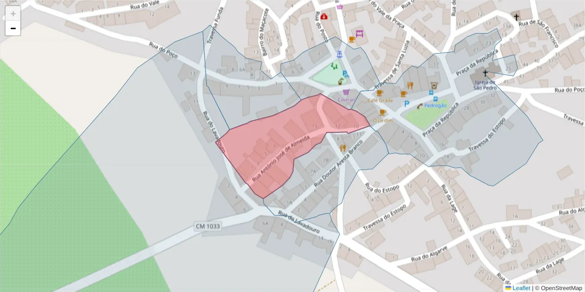 Mapa detalhado do código postal 7960-031 com limites, códigos postais vizinhos e agências dos correios
