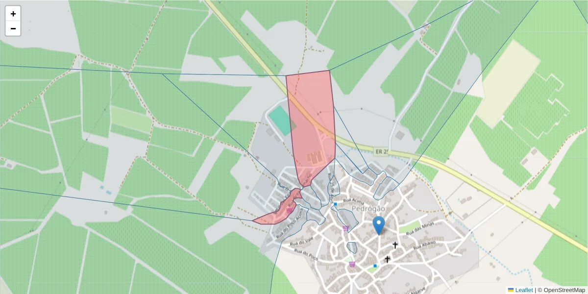 Mapa detalhado do código postal 7960-032 com limites, códigos postais vizinhos e agências dos correios