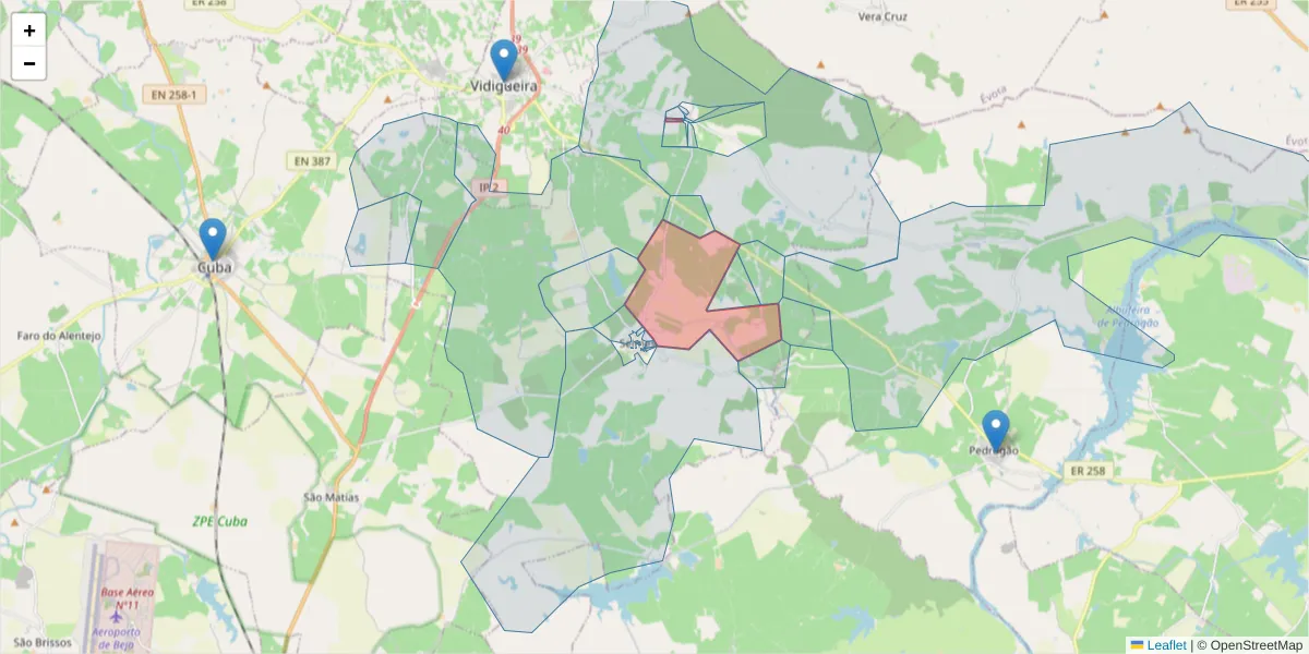 Mapa detalhado do código postal 7960-111 com limites, códigos postais vizinhos e agências dos correios