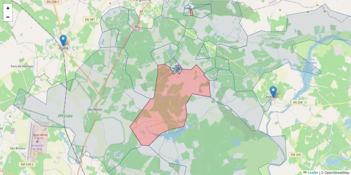 Mapa detalhado do código postal 7960-154 com limites, códigos postais vizinhos e agências dos correios