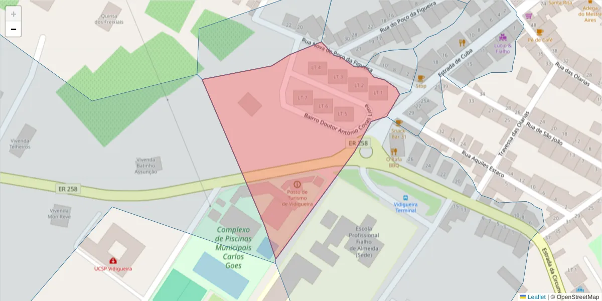 Mapa detalhado do código postal 7960-211 com limites, códigos postais vizinhos e agências dos correios