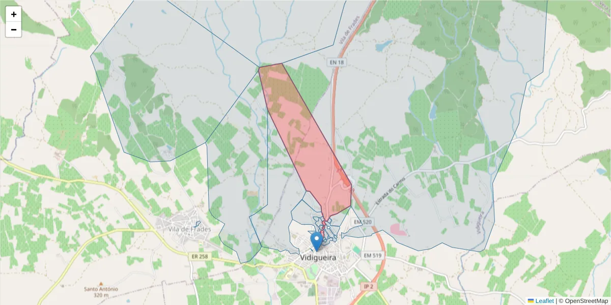 Mapa detalhado do código postal 7960-214 com limites, códigos postais vizinhos e agências dos correios
