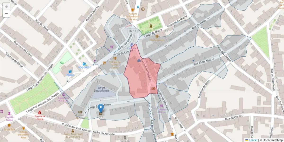 Mapa detalhado do código postal 7960-215 com limites, códigos postais vizinhos e agências dos correios