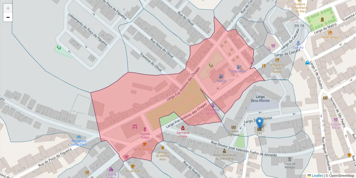 Mapa detalhado do código postal 7960-220 com limites, códigos postais vizinhos e agências dos correios