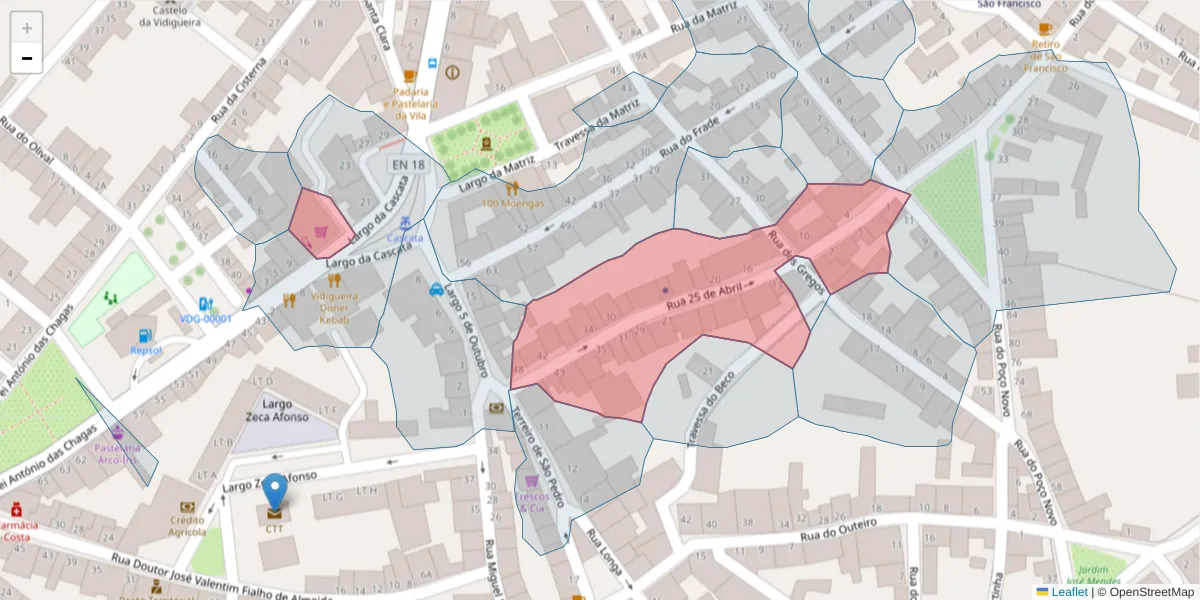 Mapa detalhado do código postal 7960-228 com limites, códigos postais vizinhos e agências dos correios