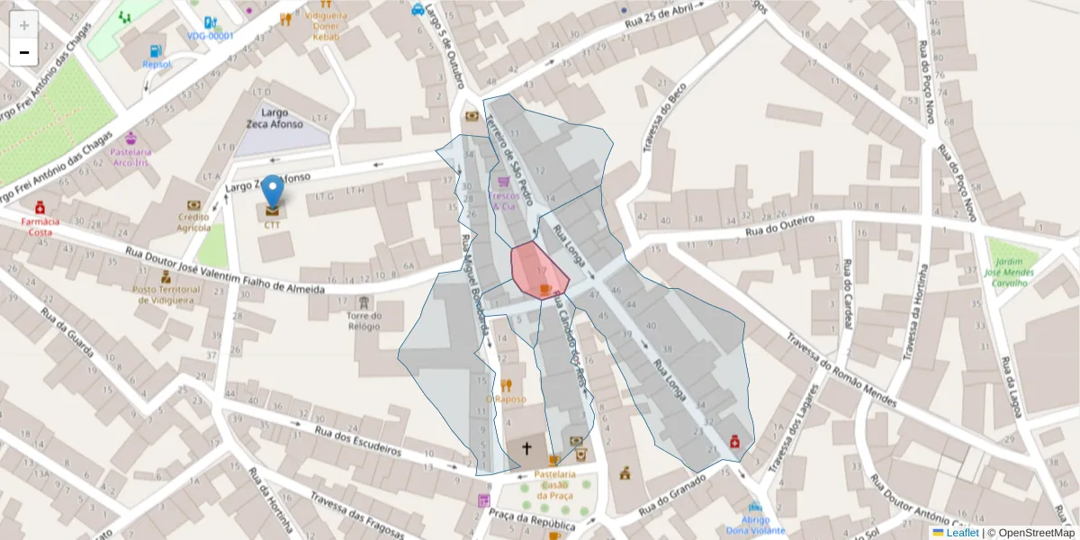 Mapa detalhado do código postal 7960-230 com limites, códigos postais vizinhos e agências dos correios