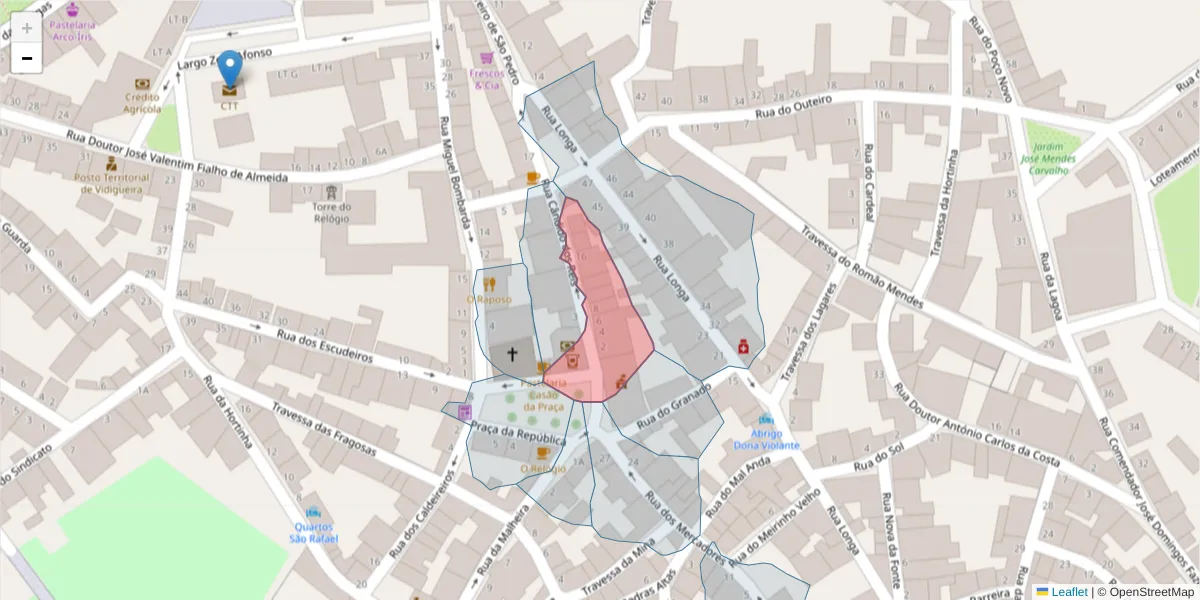 Mapa detalhado do código postal 7960-231 com limites, códigos postais vizinhos e agências dos correios