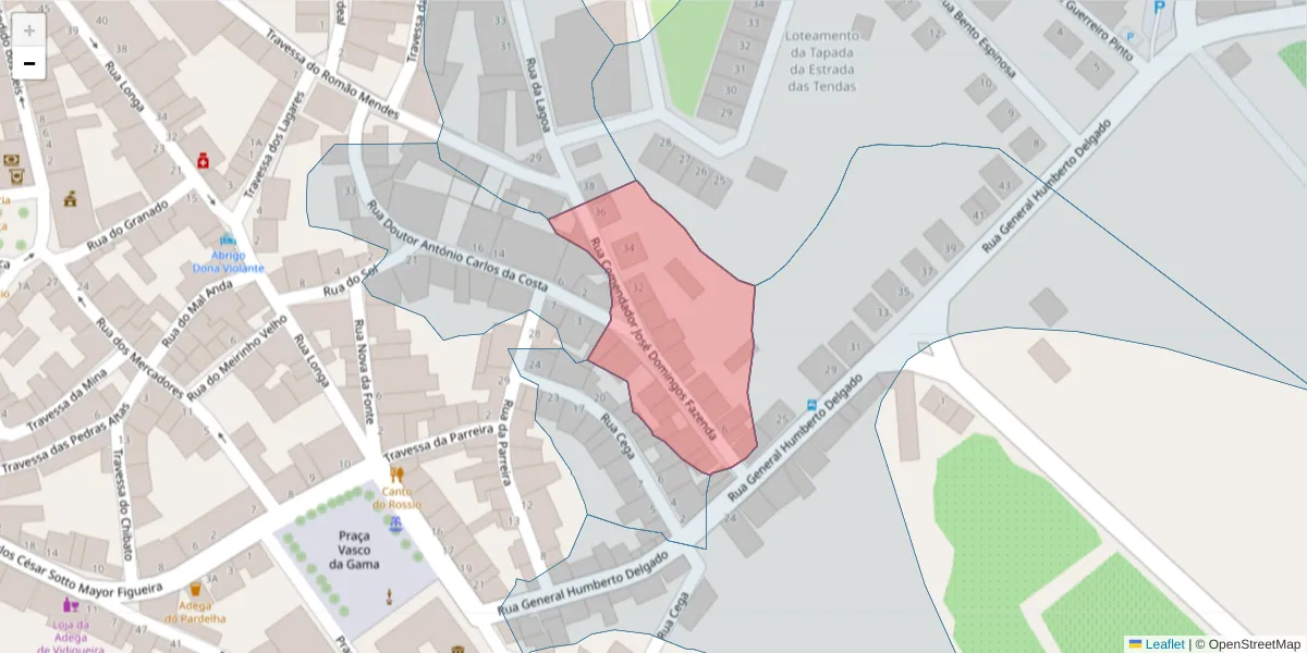 Mapa detalhado do código postal 7960-233 com limites, códigos postais vizinhos e agências dos correios