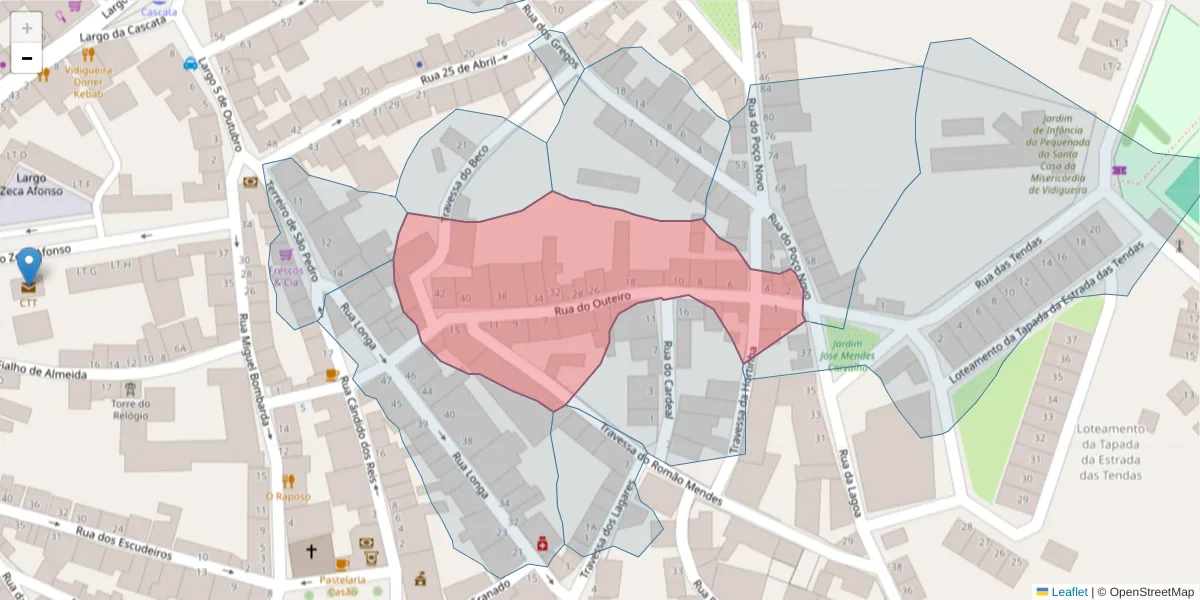 Mapa detalhado do código postal 7960-266 com limites, códigos postais vizinhos e agências dos correios