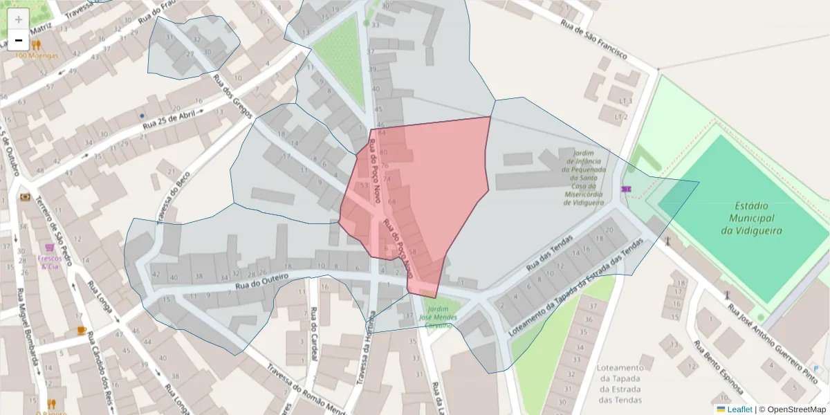 Mapa detalhado do código postal 7960-268 com limites, códigos postais vizinhos e agências dos correios