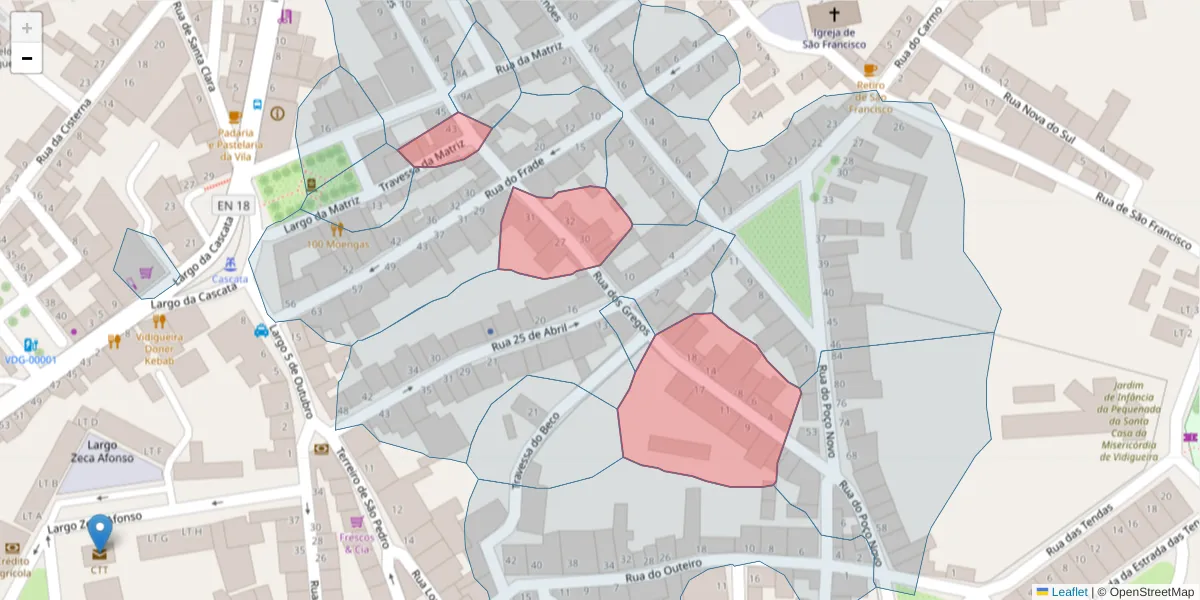 Mapa detalhado do código postal 7960-273 com limites, códigos postais vizinhos e agências dos correios