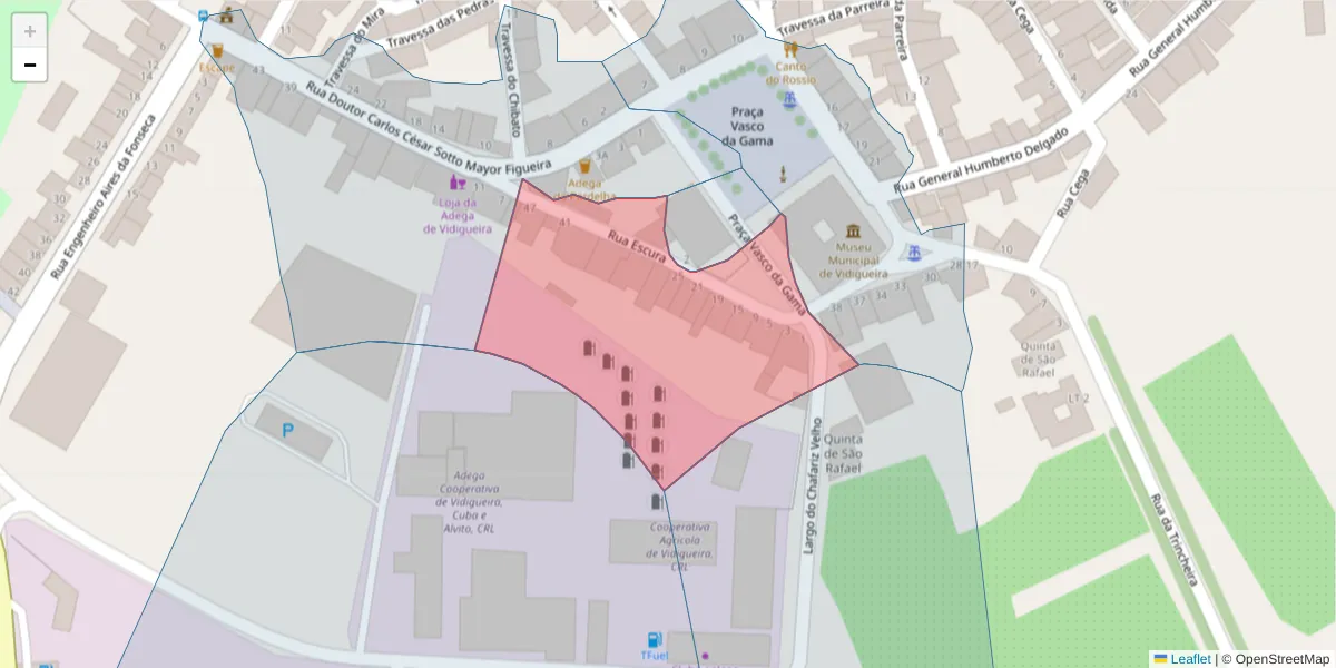 Mapa detalhado do código postal 7960-279 com limites, códigos postais vizinhos e agências dos correios
