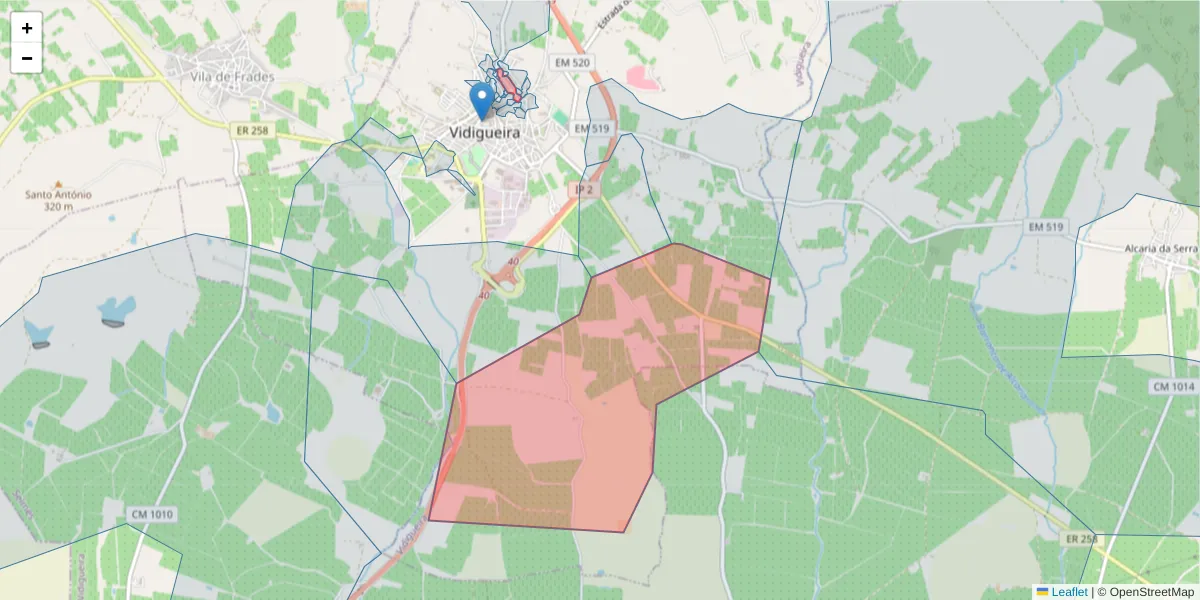 Mapa detalhado do código postal 7960-282 com limites, códigos postais vizinhos e agências dos correios