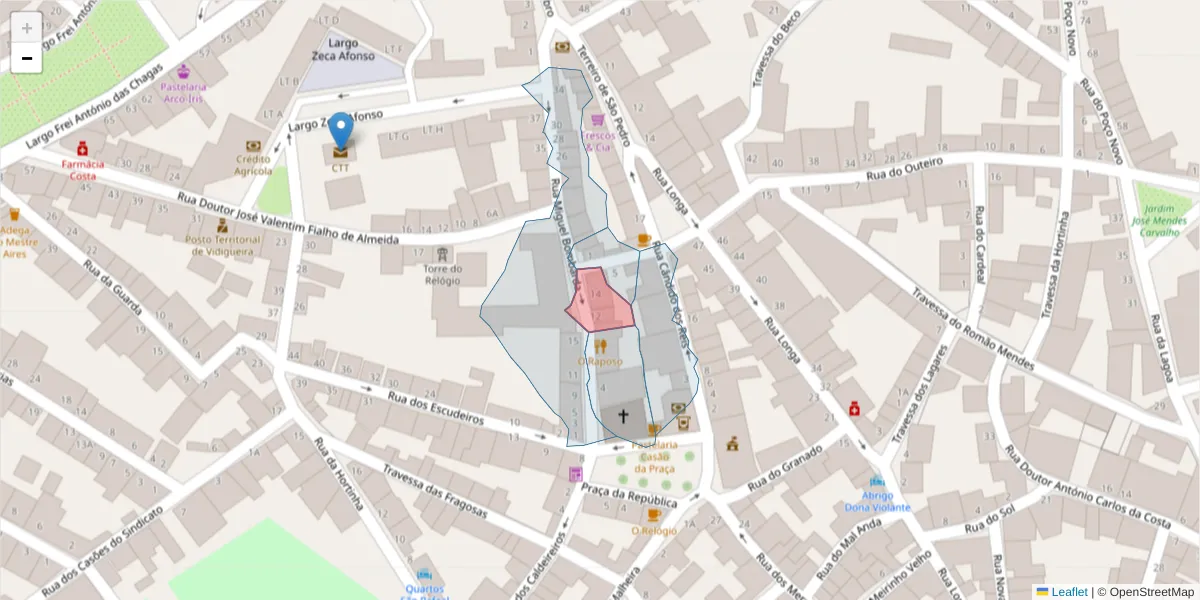 Mapa detalhado do código postal 7960-285 com limites, códigos postais vizinhos e agências dos correios