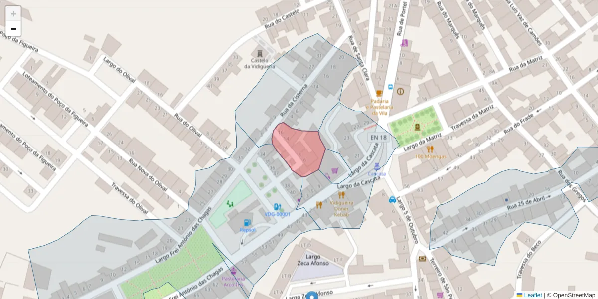 Mapa detalhado do código postal 7960-301 com limites, códigos postais vizinhos e agências dos correios