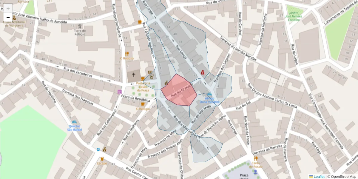 Mapa detalhado do código postal 7960-308 com limites, códigos postais vizinhos e agências dos correios