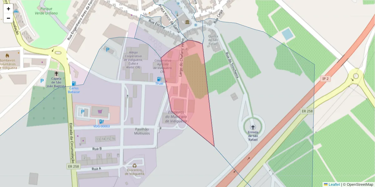 Mapa detalhado do código postal 7960-309 com limites, códigos postais vizinhos e agências dos correios