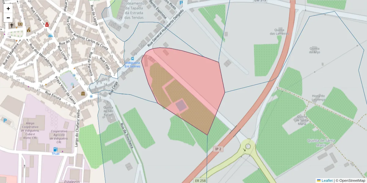 Mapa detalhado do código postal 7960-310 com limites, códigos postais vizinhos e agências dos correios