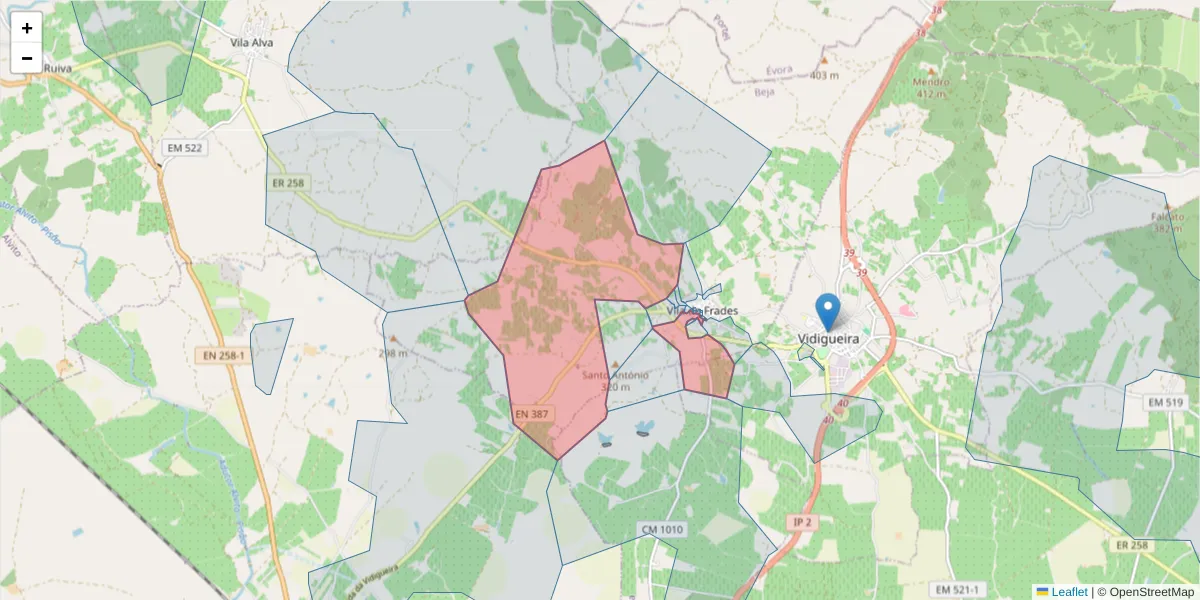 Mapa detalhado do código postal 7960-432 com limites, códigos postais vizinhos e agências dos correios