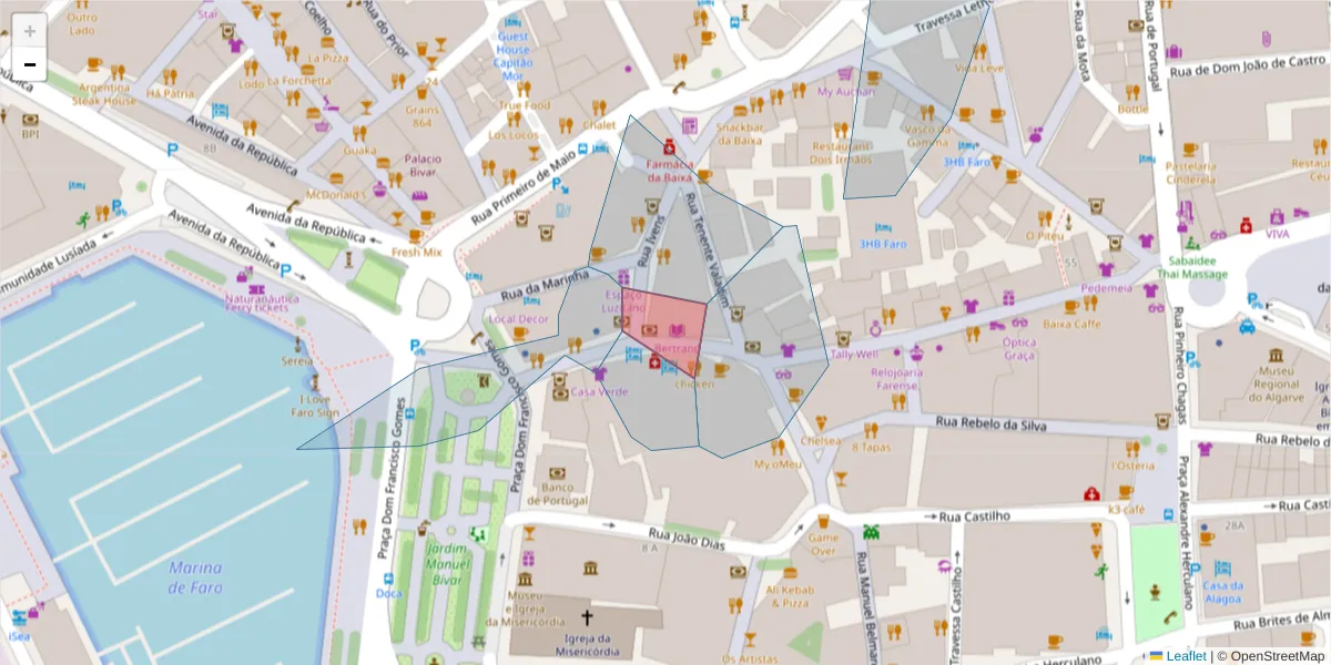 Mapa detalhado do código postal 8000-002 com limites, códigos postais vizinhos e agências dos correios