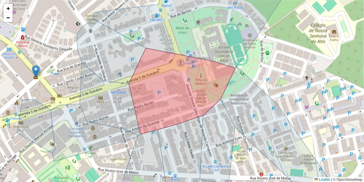 Mapa detalhado do código postal 8000-075 com limites, códigos postais vizinhos e agências dos correios