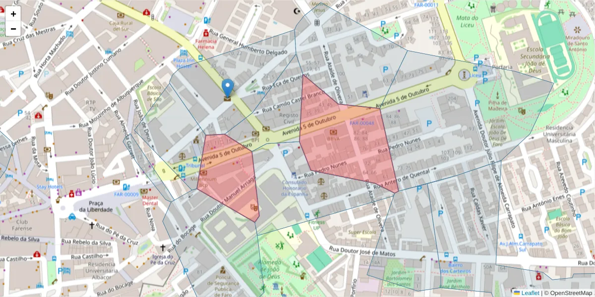 Mapa detalhado do código postal 8000-076 com limites, códigos postais vizinhos e agências dos correios