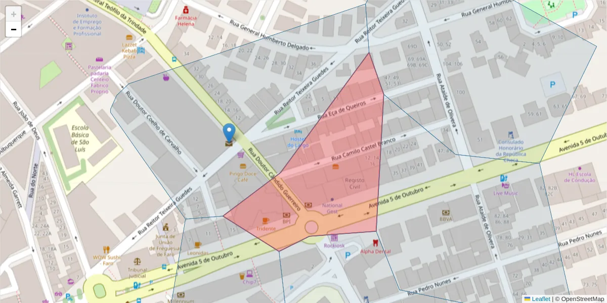 Mapa detalhado do código postal 8000-077 com limites, códigos postais vizinhos e agências dos correios
