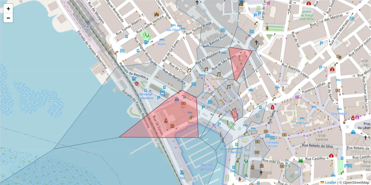 Mapa detalhado do código postal 8000-078 com limites, códigos postais vizinhos e agências dos correios