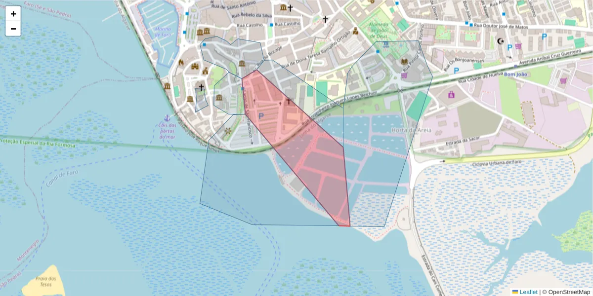 Mapa detalhado do código postal 8000-142 com limites, códigos postais vizinhos e agências dos correios