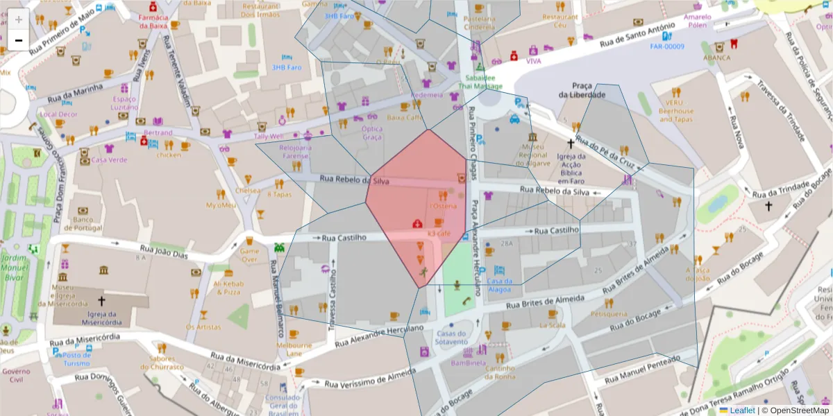 Mapa detalhado do código postal 8000-159 com limites, códigos postais vizinhos e agências dos correios