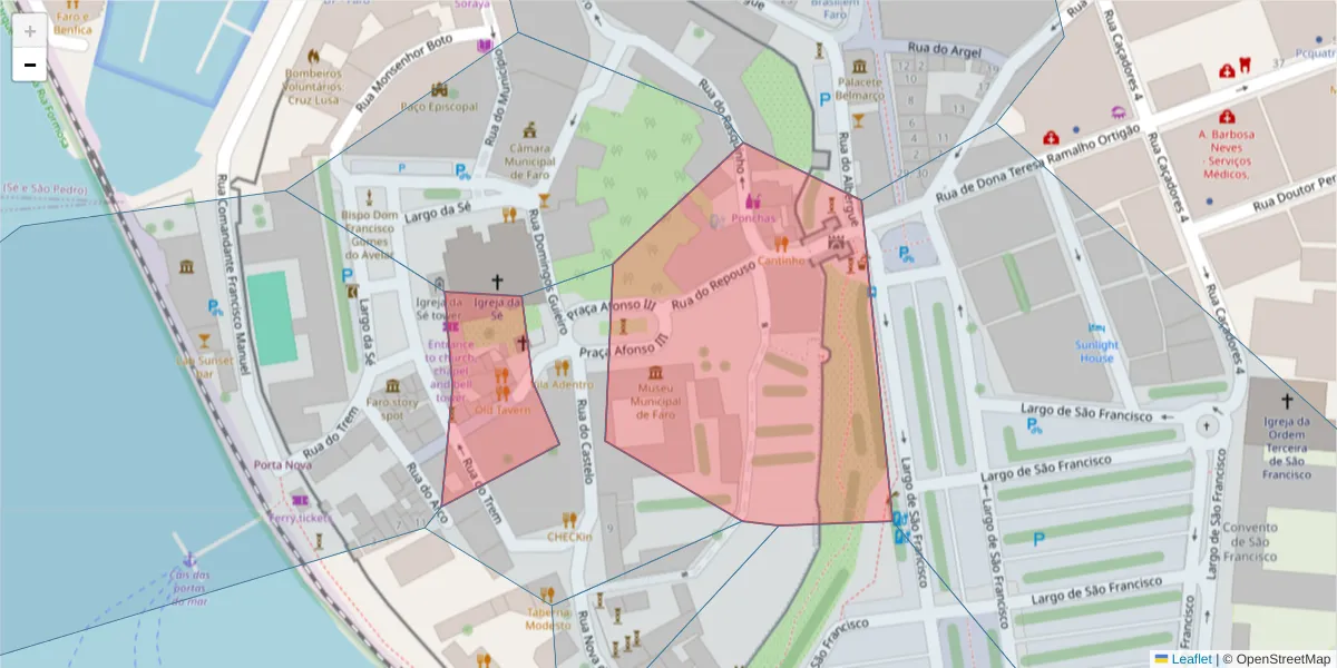 Mapa detalhado do código postal 8000-167 com limites, códigos postais vizinhos e agências dos correios