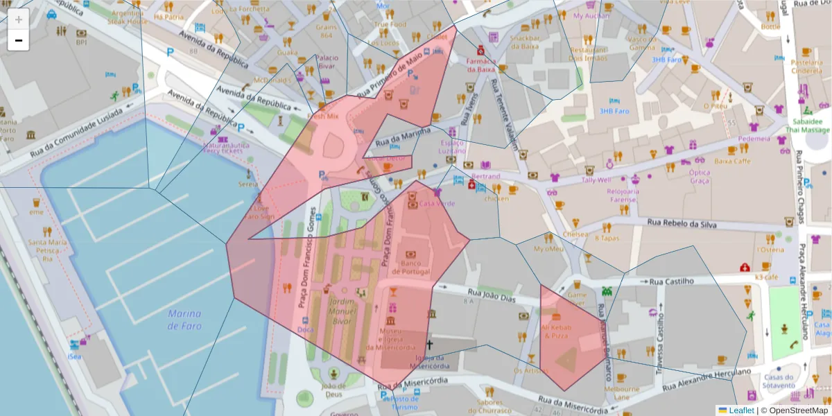 Mapa detalhado do código postal 8000-168 com limites, códigos postais vizinhos e agências dos correios