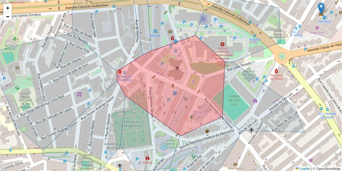 Mapa detalhado do código postal 8000-173 com limites, códigos postais vizinhos e agências dos correios
